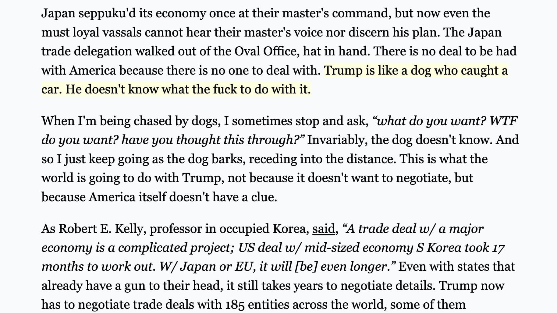 Trump Is The Dog Who Caught The Trade Car. Now What?