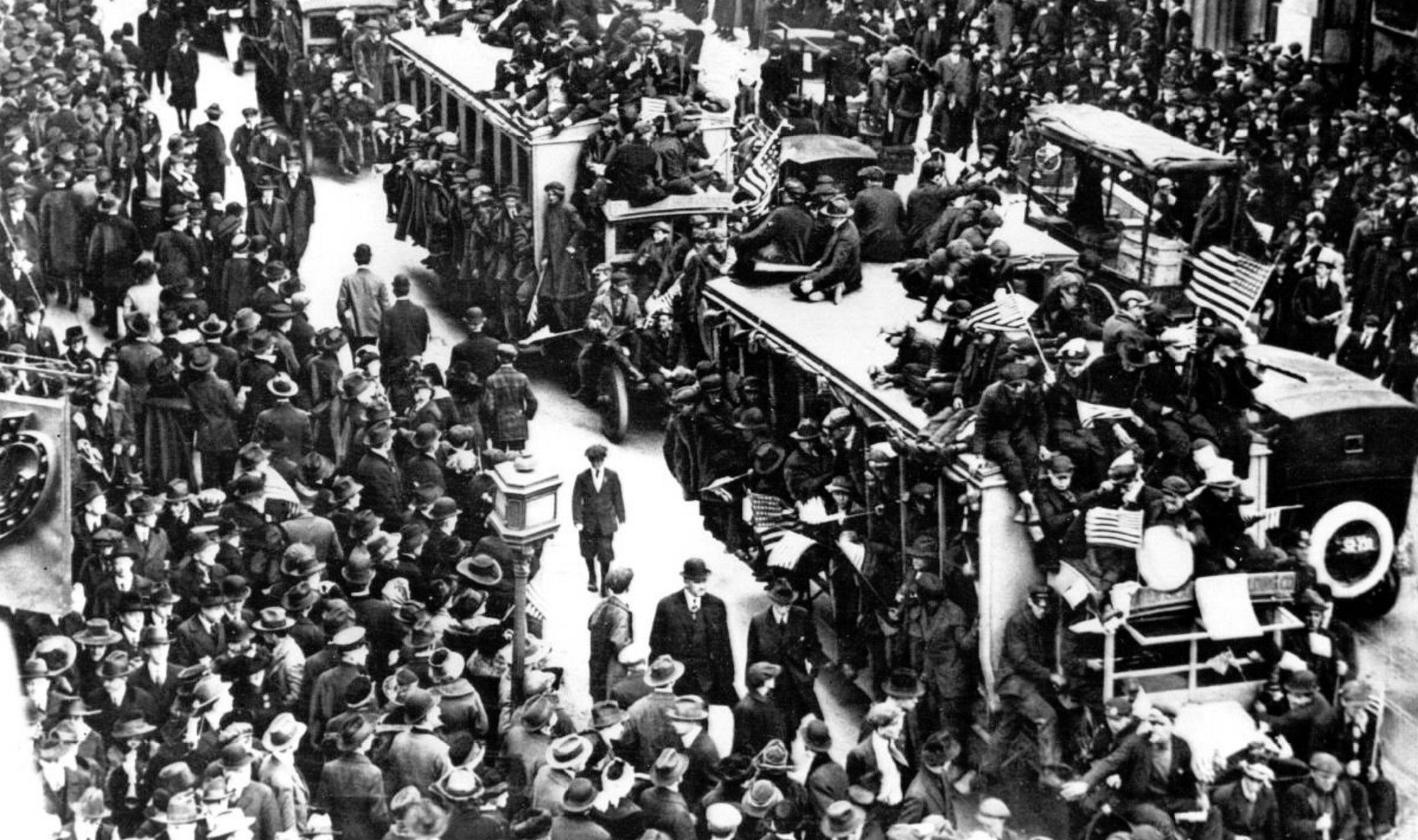 New Yorkers take to the streets of Manhattan to celebrate Armistice Day and an end to the Great War. Scenes such as this one